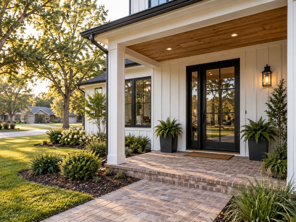 Illustrative entry detail of a modern home with brick paving, cedar ceiling, and dark framed doors